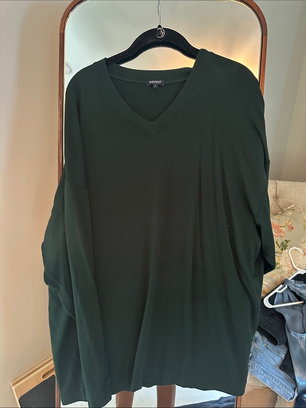 Bleusalt  Dark Green V-Neck Relaxed Long Sleeve Top